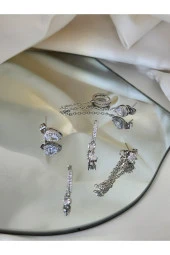 6'lı Damla - Baget - Çiçek Çelik Gümüş Silver Renkli Küpe Seti thumbnail 1