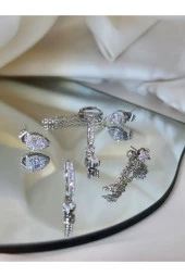 6'lı Damla - Baget - Çiçek Çelik Gümüş Silver Renkli Küpe Seti thumbnail 2