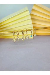 6' Lı Kutup Yıldızı - Melek Kanadı - Mavi Damla Model Altın Kaplama Çelik Küpe Seti thumbnail 1