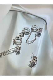 6'lı Damla - Baget - Çiçek Çelik Gümüş Silver Renkli Küpe Seti thumbnail 3