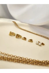 6'lı Çiçek Love Yıldız Model Çelik Altın Kaplama Küpe Seti thumbnail 2