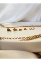 6'lı Çiçek Love Yıldız Model Çelik Altın Kaplama Küpe Seti thumbnail 3