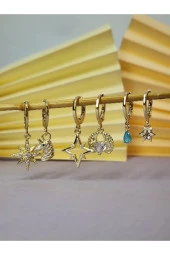 6' Lı Kutup Yıldızı - Melek Kanadı - Mavi Damla Model Altın Kaplama Çelik Küpe Seti thumbnail 2