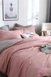 Çift Kişilik Ranforce Çift Taraflı Nevresim Takımı -Düz Battal Çarşaflı Pudra-Gri - 1