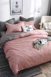 Çift Kişilik Ranforce Çift Taraflı Nevresim Takımı -Düz Battal Çarşaflı Pudra-Gri - 2