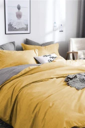 Çift Kişilik Ranforce Çift Taraflı Nevresim Takımı -Düz Battal Çarşaflı Sarı-Gri - 1