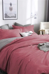 Çift Kişilik Ranforce Çift Taraflı Nevresim Takımı - Lastikli Çarşaflı Gülkurusu-Gri - 1