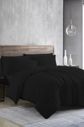 Tek Kişilik Lux Ranforce Pamuklu Nevresim Takımı-Düz Çarşaf Siyah - 1