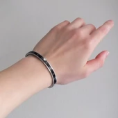 Çelik Kelepçe Bileklik Tek Taşlı Siyah Şerit BLZ-480 thumbnail 4