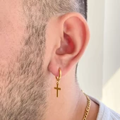 Çelik Sallantılı Küpe Altın Kaplama Haç Model Küpe UNK-692 - 2