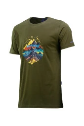 Erkek Bisiklet Yaka Mevsimlik Göğüs Baskılı Standart Fit Haki T-Shirt thumbnail 1