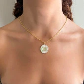 FerizZ Altın Kaplama Zirkon Taşlı Beyaz Göz ve Yeşil Ay Detaylı Kolye Ucu TGR-517 thumbnail 2