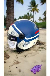 Sway 715 Şeffaf Vizörlü Yarım Motosiklet Scooter Kaskı 2XL Beden Blue Beıge - 10