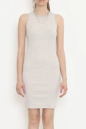 Halter Yaka Çizgili Elbise Bej - 11019.1567. - 1