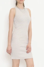 Halter Yaka Çizgili Elbise Bej - 11019.1567. - 3