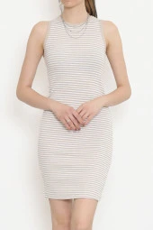 Halter Yaka Çizgili Elbise Bej - 11019.1567. - 6