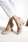 Albishoes Kadın Şampanya Topuk Stiletto Çapraz Taşlı 7 cm Günlük Kadın Abiye Topuklu Ayakkabı - 3