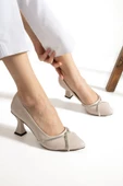 Albishoes Kadın Şampanya Topuk Stiletto Çapraz Taşlı 7 cm Günlük Kadın Abiye Topuklu Ayakkabı - 1