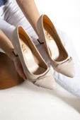 Albishoes Kadın Şampanya Topuk Stiletto Şerit Taşlı 7 cm Günlük Kadın Abiye Topuklu Ayakkabı - 4