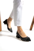 Albishoes Kadın Alçak Topuk 4 cm Sivri Burun Şeritli Taşlı Abiye Kadın Kare Topuklu Ayakkabı (36-44) - 2