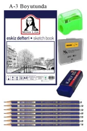 Eskiz Defteri A3 50 Yaprak Karakalem Çizim Seti Hamur Silgi Faber Castell Dereceli Kalem Hobi Tasarım Seti - 1