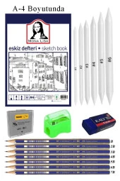 Eskiz Defteri A4 50 Yaprak Karakalem Çizim Seti Gölgelendirme Kalemi Hamur Silgi Faber Castell Dereceli Kalem Hobi Tasarım Seti - 1