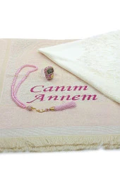 Anneler Gününe Özel Tesbih Zikirmatik Şal Canım Annem Nakışlı Seccade Seti Pembe - 5