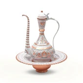 Dekor Amaçlı Erzincan El İşlemeli Bakır Osmanlı Leğenli İbrik Beyaz - 1