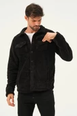 Erkek Oversize Çıt Çıt Kapamalı Cepli Peluş Siyah Ceket - 4