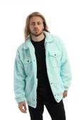 Erkek Oversize Çıt Çıt Kapamalı Cepli Mint Peluş Ceket - 1