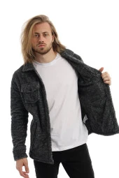 Erkek Çıt Çıt Detaylı Cepli Peluş Ceket Antrasit-Melanj thumbnail 6