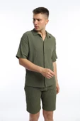Erkek Crinkle Kumaş Gömlek / Şort Takım Yeşil - 1