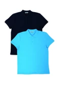 Erkek 2li Polo Yaka T-shirt Mavi-Siyah - 1