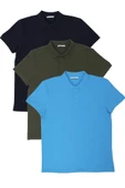 Erkek Regular Fit Polo Yaka 3lü T-shirt Haki-Lacivert-Mavi - 5