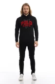 Erkek 3 İplik Pamuklu İçi Polarlı Süzine Nakışlı Regular Fit Kapüşonlu Kanguru Cepli Siyah Sweatshirt - 11
