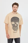 Erkek Parça Boya Baskılı Oversize Basic T-shirt  Bej thumbnail 1
