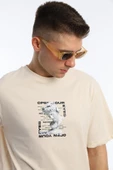 Erkek Oversize Fit Open Your Eyes Baskılı Tişört Ekru - 3