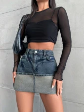 Kadın Slim Fit Cepli Mini Kot Etek Mavi thumbnail 1