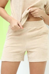 Kadın Havlu Kumaş Cepli Regular Fit Şort Vizon thumbnail 7