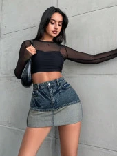 Kadın Slim Fit Cepli Mini Kot Etek Mavi thumbnail 2