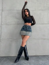 Kadın Slim Fit Cepli Mini Kot Etek Mavi thumbnail 4