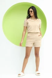 Kadın Havlu Kumaş Cepli Regular Fit Şort Vizon thumbnail 10