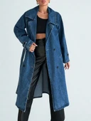 Kadın Kruvaze Yaka Denim Trençkot Mavi thumbnail 2