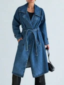 Kadın Kruvaze Yaka Denim Trençkot Mavi thumbnail 1