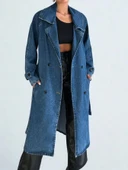 Kadın Kruvaze Yaka Denim Trençkot Mavi thumbnail 3