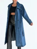 Kadın Kruvaze Yaka Denim Trençkot Mavi thumbnail 4