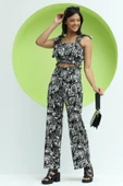 Kadın Crinkle Kumaş Croptop/Pantolon Takım Siyah - 11