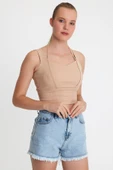 Kadın Ense Biye Detaylı Crop Bej thumbnail 5