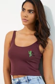Nakışlı Kadın Askılı Crop Atlet Bordo thumbnail 4