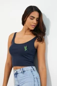 Nakışlı Kadın Askılı Crop Atlet Lacivert - 6